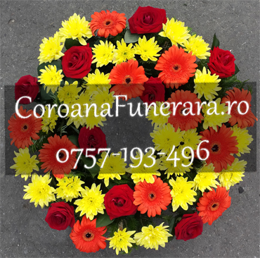 coroana rotunda crizanteme gerbera si trandafiri